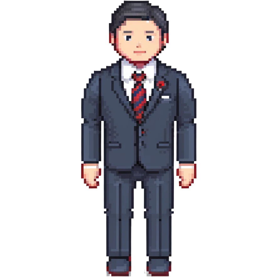 man wearing a dark blue-gray business suit with black horizontal stripes on the arms and legs, white shirt and red tie emoji