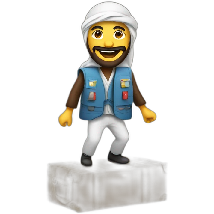 arab with a beard in a squared cardboard vest dancing on top of a plane emoji