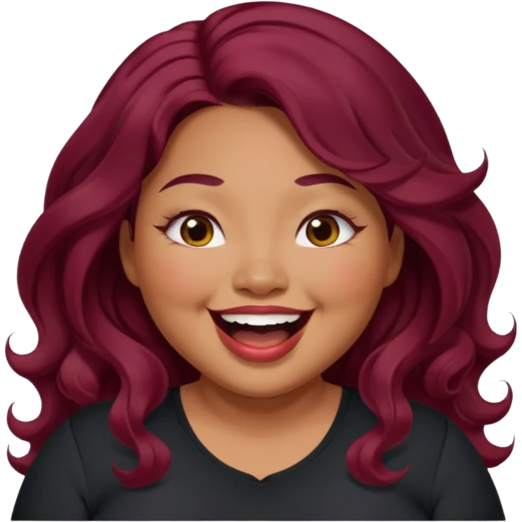 Plus size red hair brown face small eyes long hair Asian eyes small eyes wavy hair eye lashes burgundy hair black shirt laughing  emoji