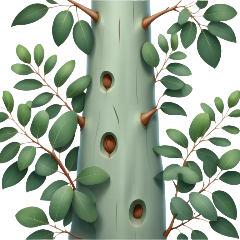 Cinematic Realistic Eucalyptus Emoji, Tall and graceful, with slender trunks covered in smooth, peeling bark and large, fragrant leaves. The eucalyptus trees sway gently in the breeze, releasing a calming aroma that fills the air. Soft glowing outline, capturing the essence of rugged beauty and natural serenity in a tall eucalyptus tree! emoji