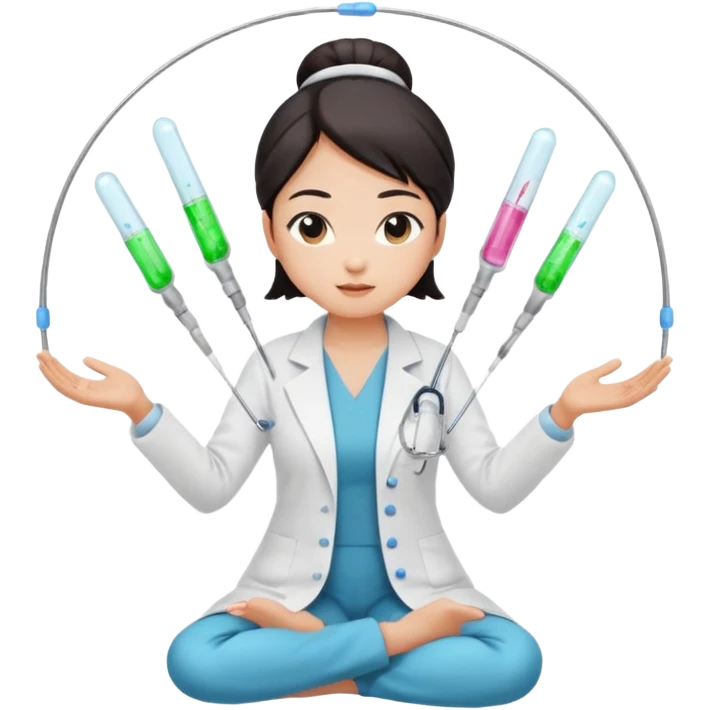 emoji of an asian woman with a single bun in a white lab coat sitting cross legged with micropipettes levitating in an arc around her head, the tips should be pointing away from her and she should not be wearing a steth escope emoji