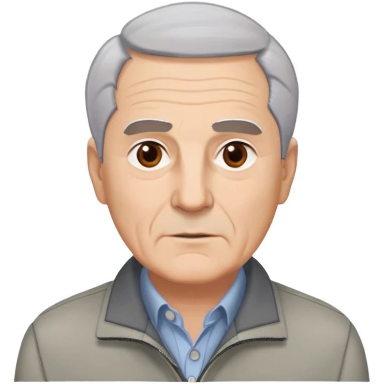 Distinguished older man in his 60s, light complexion, round face with broad jaw, vivacious brown eyes, thick eyebrows giving intensity to expression, short gray-white hair combed slightly back with visible receding hairline, clean-shaven, wearing gray casual jacket over button-up shirt emoji
