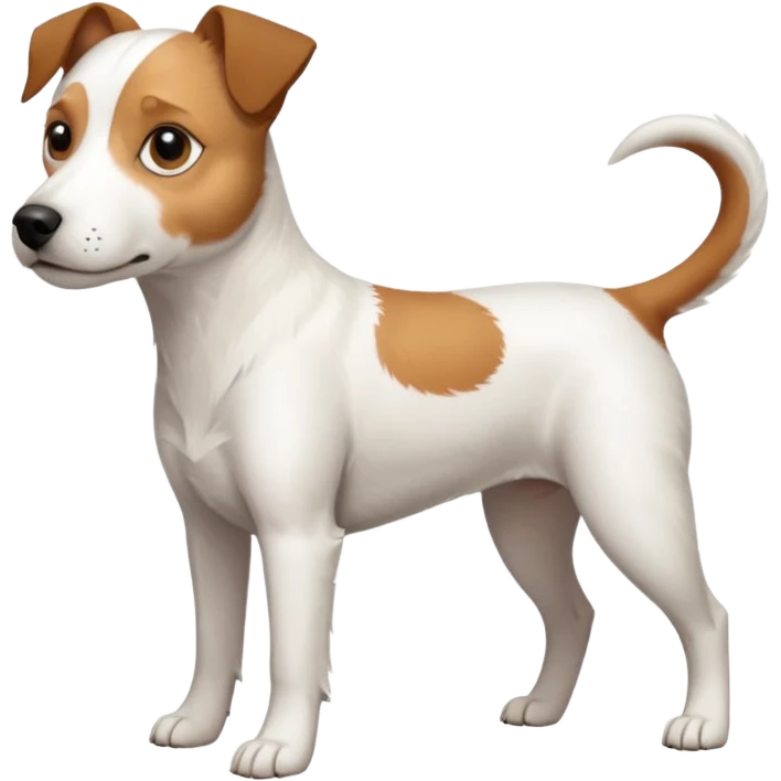 a full body slightly chubby white parson russell terrier looking dog the size of a kelpie with light brown long ears and a light brown patch on one eye and a large snout emoji