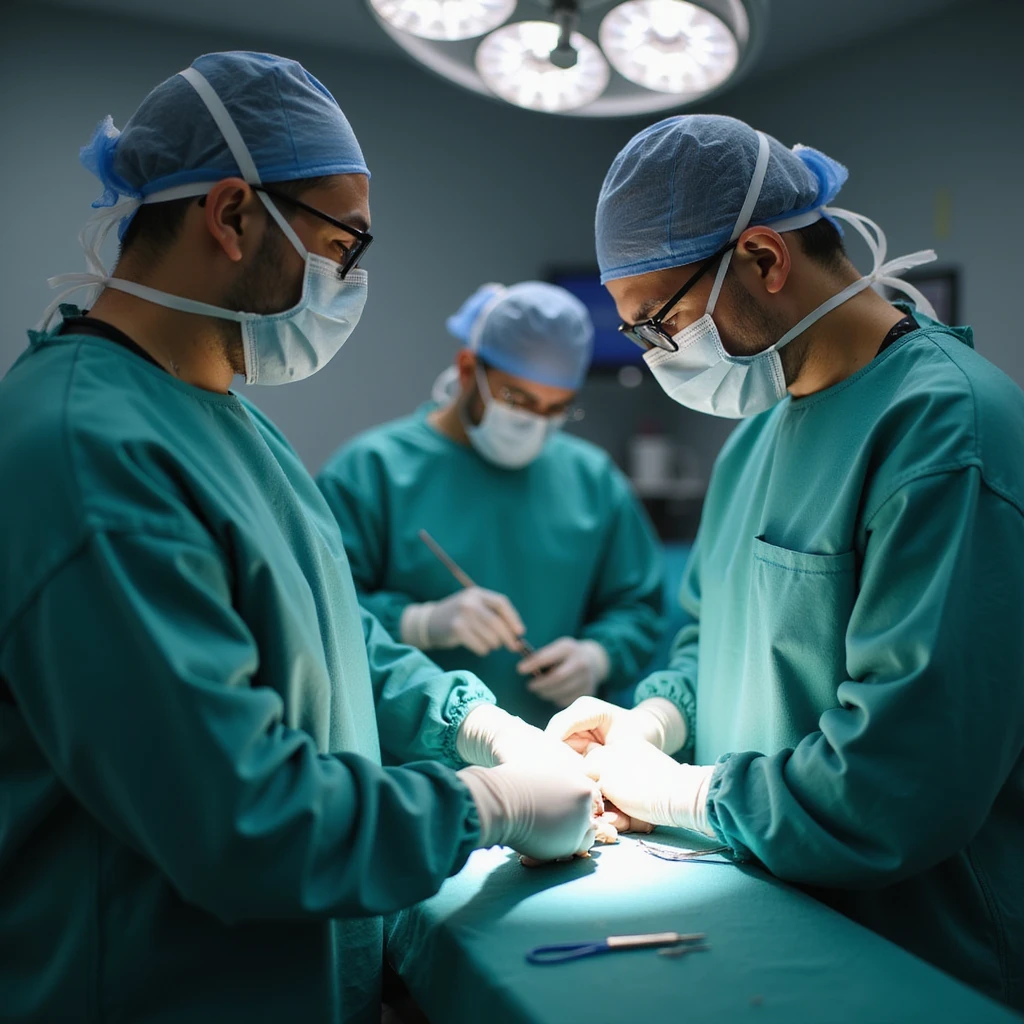 operating room: close-up of surgeon repairing wrist ligaments of a man, medical team in background, atmosphere of precision and professionalism, 4K quality emoji