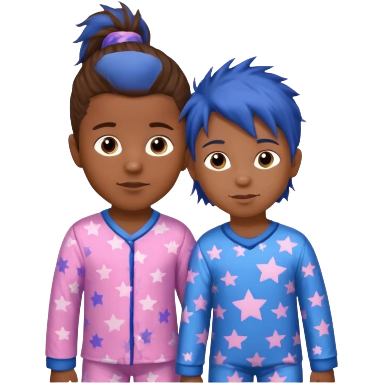 4 year old brown spikey haired boy with blue pajamas with stars on them and a 1 year old brown haired pony tail girl with pink pajamas, and stars on them emoji