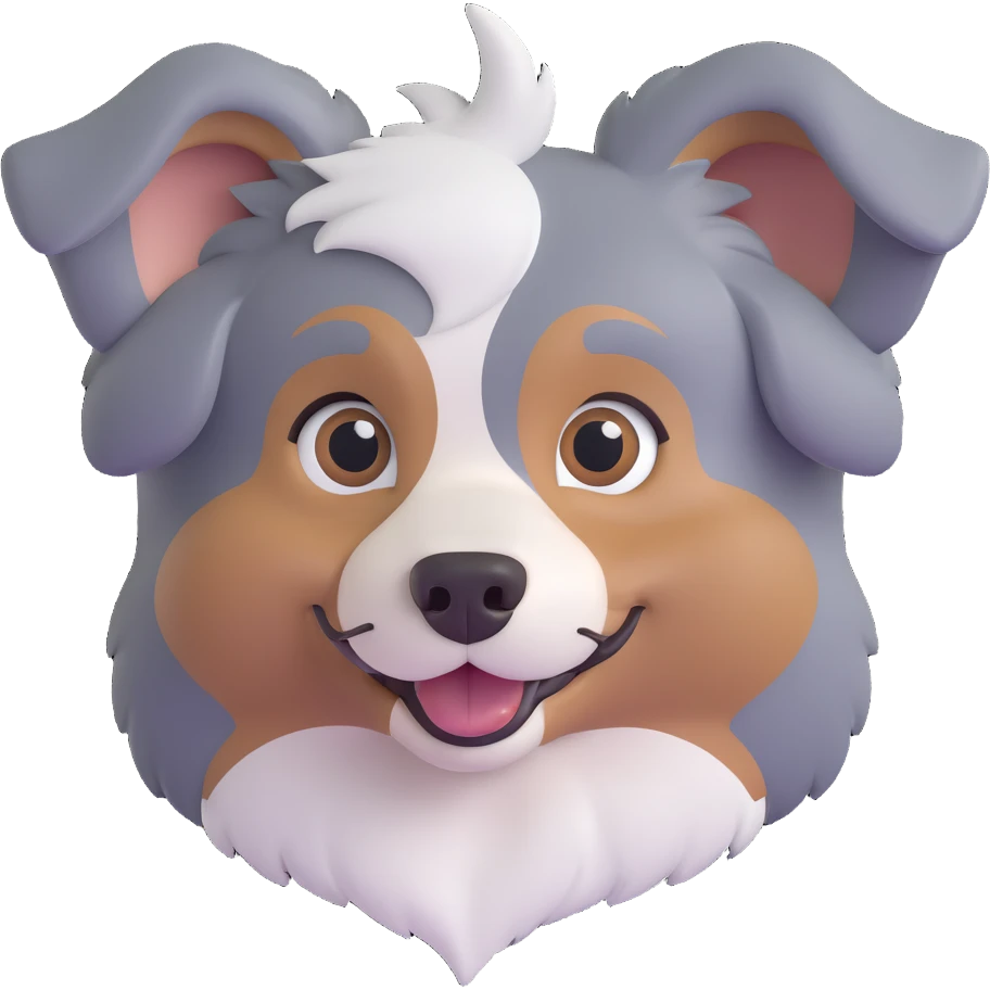 adorable Australian Shepherd dog face, big eyes one blue one brown, fluffy merle fur, perky ears, happy emoji