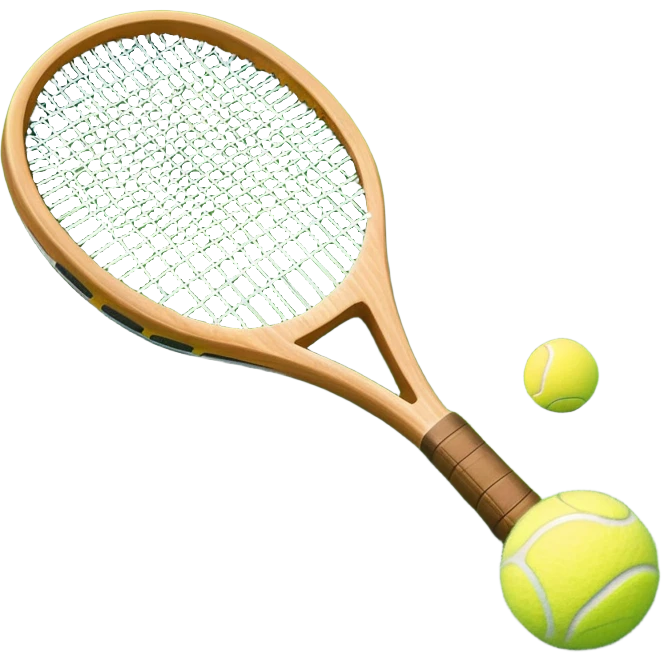 A detailed tennis racket resting on lush green grass beside a bright yellow tennis ball. The scene captures the essence of classic lawn tennis, with a crisp and clean background emphasizing the elegance and tradition of the sport emoji