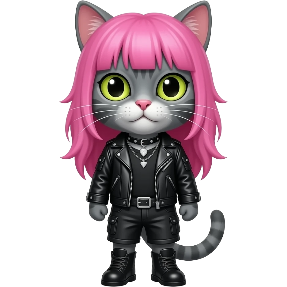 Pink Haired heavy metal cat front facing with full black outfit emoji