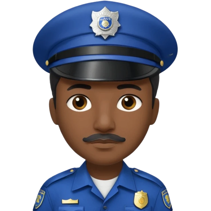 A police officer with dark skin tone, wearing a dark blue police cap with a silver badge in the center, short black hair mostly covered by the cap, large brown eyes, a small black mustache, and a neutral expression. emoji