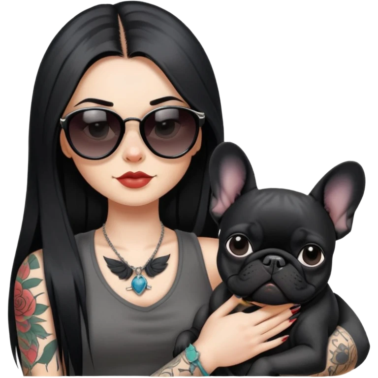girl with long black  straight hair and tattoos and Wearing sunglasses and a black French bulldog emoji