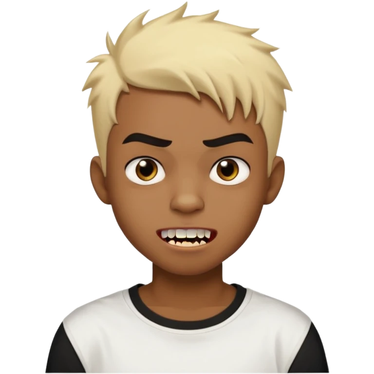 Black Male Teenager with Short punk messy blonde hair, Dark brown bushy eyebrows large expressive golden-brown eyes, wearing a plain white t-shirt, Dark Brown skin color. vampire tooth emoji