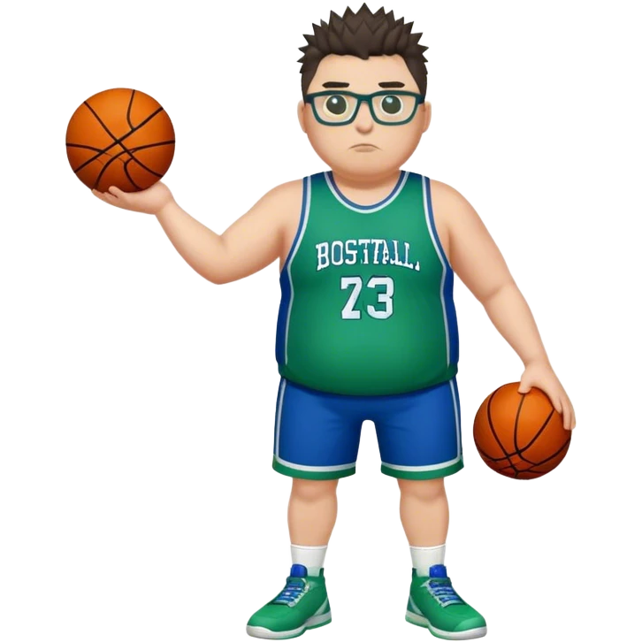 Full Body overweight white male with dark short spike hair basketball player wearing glasses wearing blue green uniform emoji