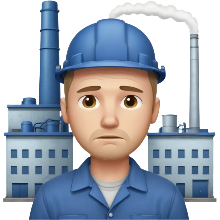 tired sad man with sweat on forehead, factory behind emoji
