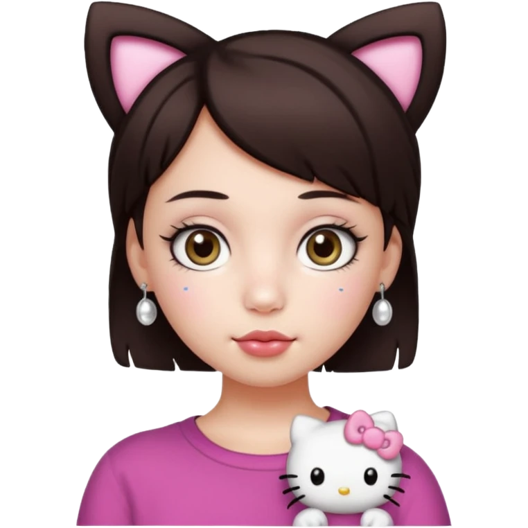 Chica con pelo corto y castaño oscuro, piel blanca, ojos hazel y pestañas largas, un piercing septum redondo pequeño y un filtro de hello kitty emoji