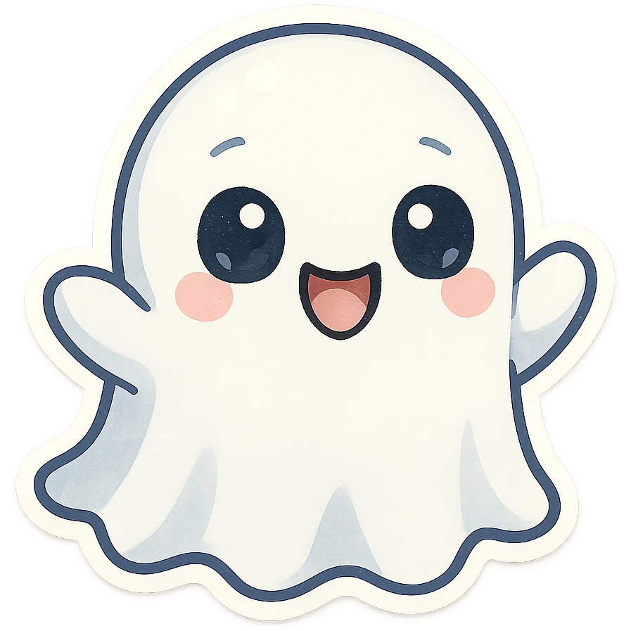 chibi-style ghost sticker with wavy bottom edge, big eyes, shiny highlights, adorable cheerful emoji