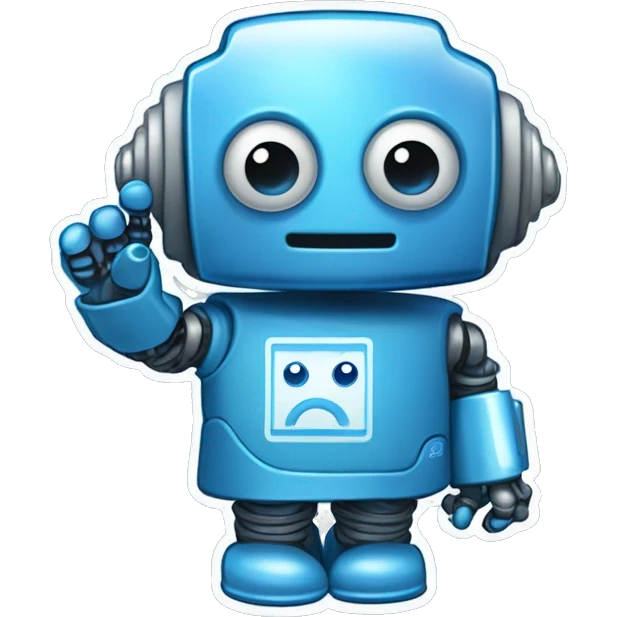 Sticker robot in blue tones waves his hand. The word "RoboCode" on clothes emoji