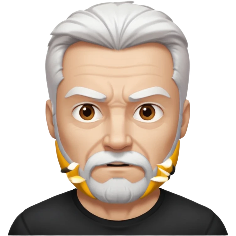 White haired muscled adult man with a black t-shirt. He has white beard and a long goatee. Dark brown eyes and some wrinkles. Attractive, Wolverine vibes. Not too old. emoji