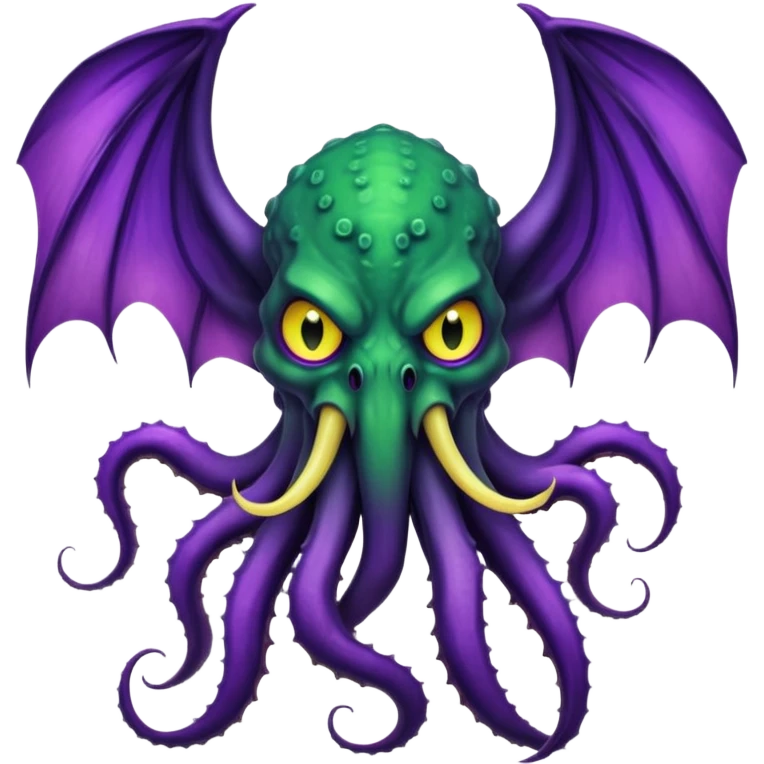 deep green Cthulhu with purple bat wings and purple gradient tentacles. Yellow angry eyes. yellow suckers on tentacles. dramatic ominous shading. two saber-teeth emoji