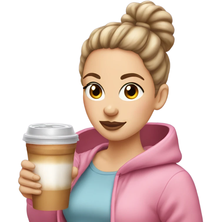 white girl with brown bun in a pink hoodie with iced coffee emoji
