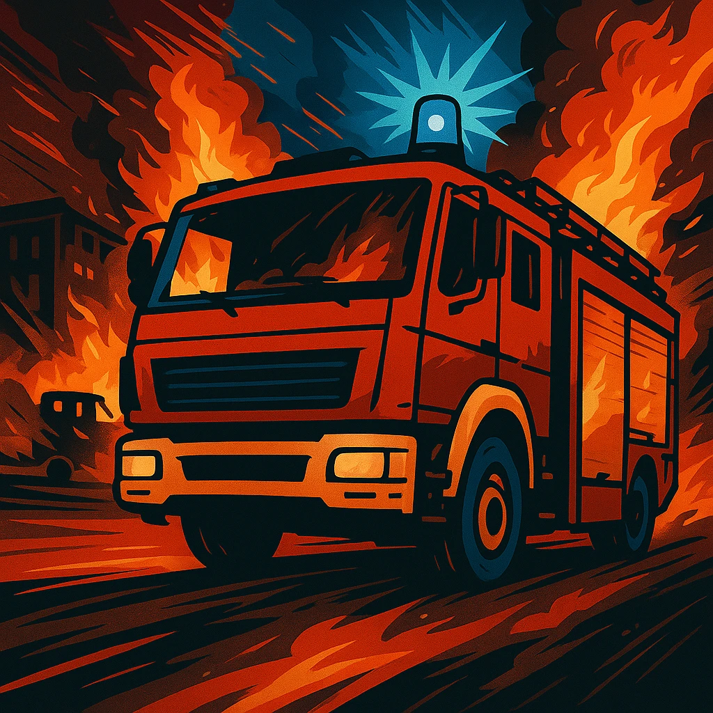 Edit the image of a fire truck with blue lights at an emergency site in the same modern, stylized illustration style as the original. Include a background showing the emergency site, such as a burning building or accident scene, with a dynamic atmosphere. emoji