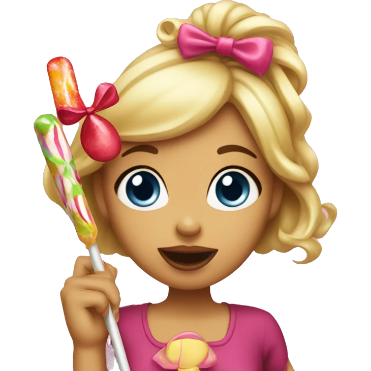A girl with a coquette bow eating a lolipop emoji