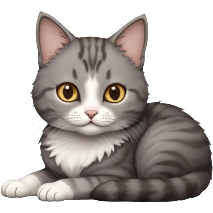 full body tiny short hair dark grey and white cat with hazel eyes lying down emoji