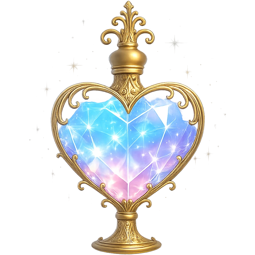 luxurious crystal heart-shaped elixir bottle with pastel gradient, lots of glow, facets, ornaments, golden details, magical effects, very small golden neck, transparent background, beautiful merging base, clearly floating in air, no ground or shadow, premium class, matching a collection emoji