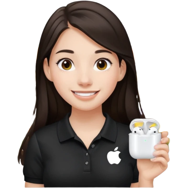 Girl with long dark brown hair with airpods wearing a black wegmans grocery store polo emoji