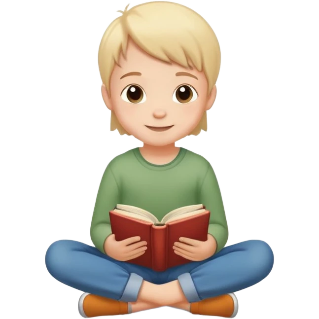 child sitting cross-legged on the floor, cheerful and calm, with a book in hand emoji