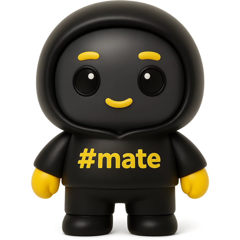 3D kawaii chibi character, vinyl toy look, matte finish, soft shadows. Big head, short arms and legs. Hoodie and body in matte black, face in dark gray. Yellow hands. Eyes with yellow outline, black pupil and highlight. Yellow eyebrows and mouth. '#mate' on hoodie, # in yellow. White background, no extra elements. emoji