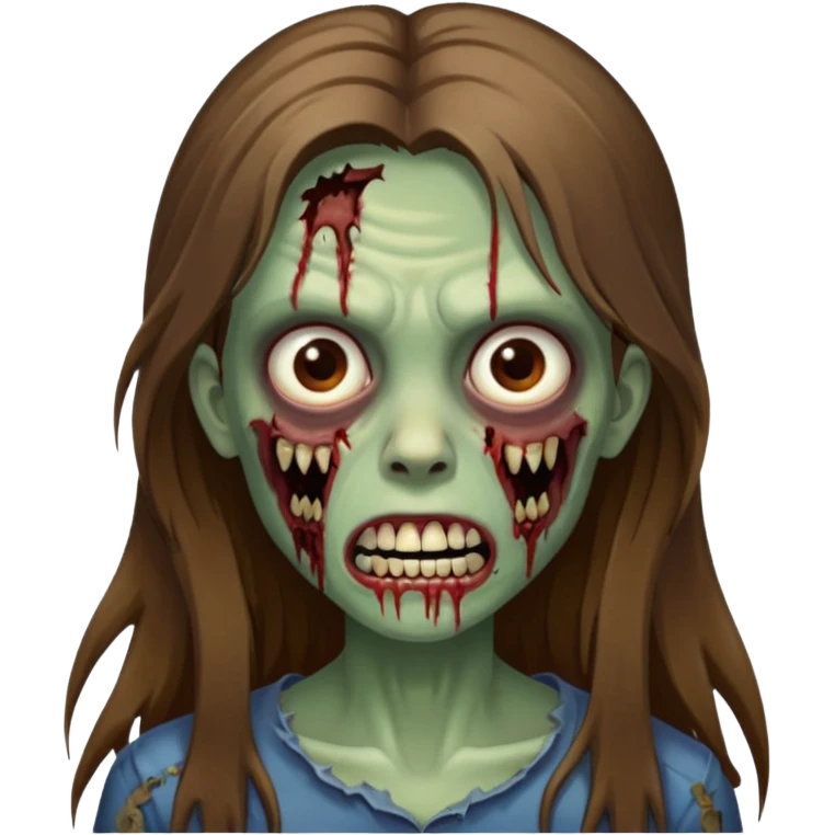 Girl zombie with brown long hair with teeth and serious face IOS style emoji
