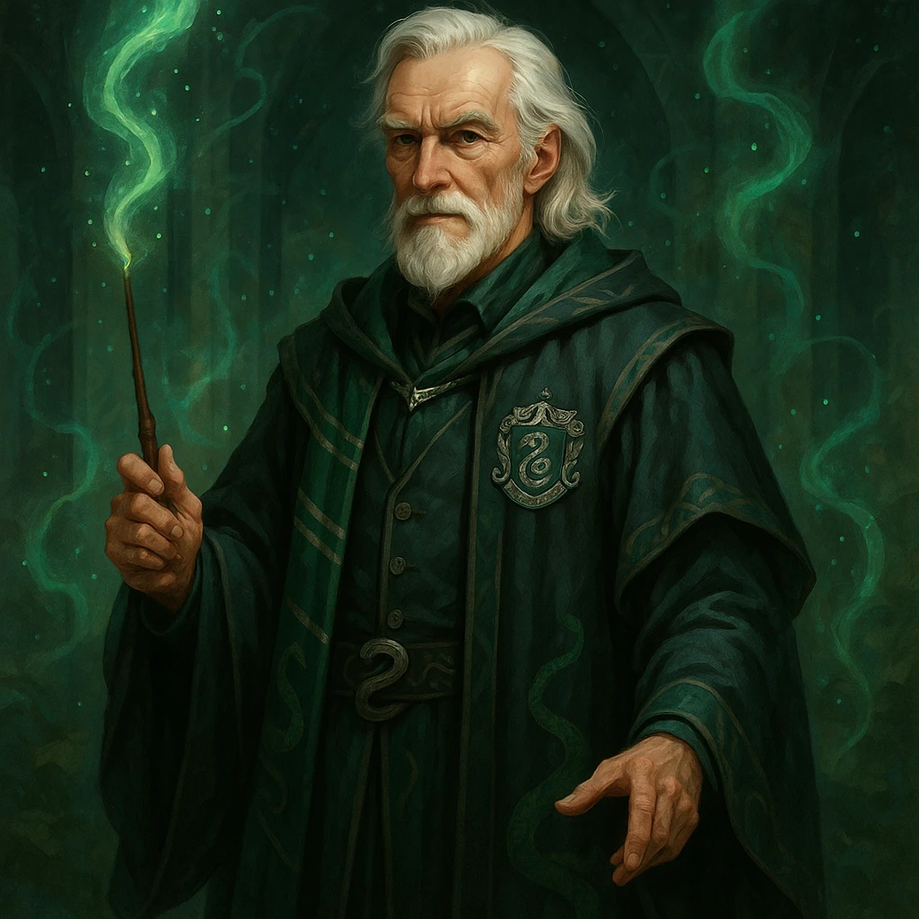 an elderly wizard with silver hair and Slytherin robes, inspired by Draco Malfoy, fantasy illustration emoji