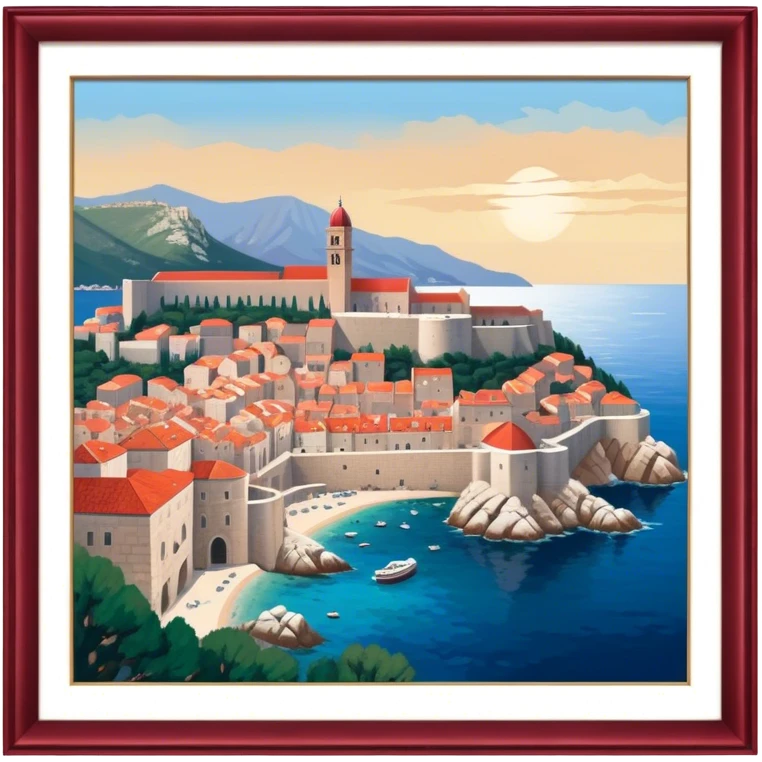Cinematic Realistic aerial view of the historic city of Dubrovnik, showcasing its iconic red-roofed architecture, fortified walls, and sparkling Adriatic coastline, rendered with rich textures and warm Mediterranean lighting that captures its old-world charm. emoji