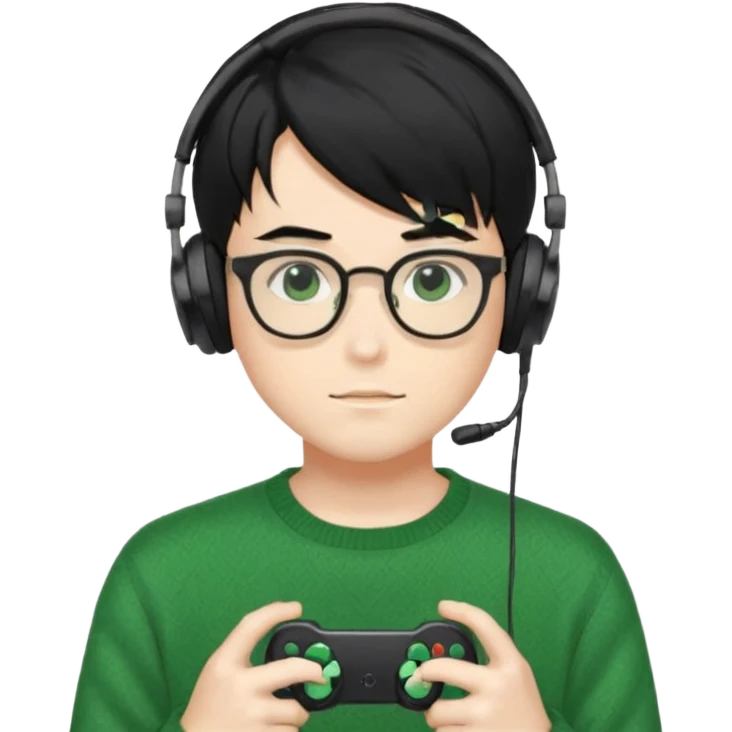 
gamer, Gorgeous green sweater black hair anime style shojo guy glasses, headphone, gamepad emoji