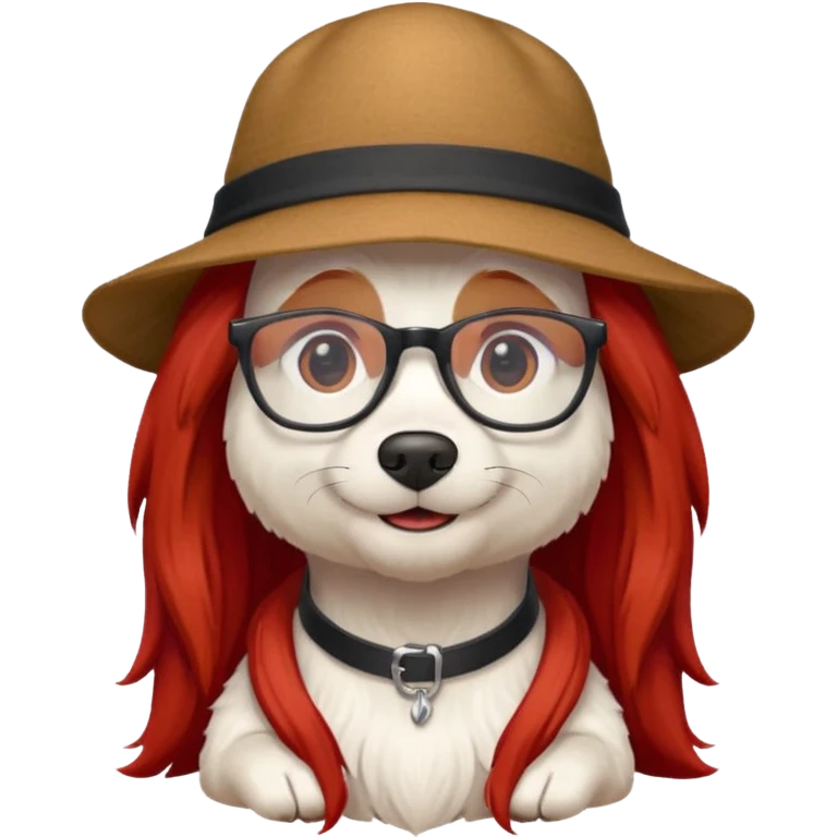 white dog with very red long hair and glassess and hat emoji