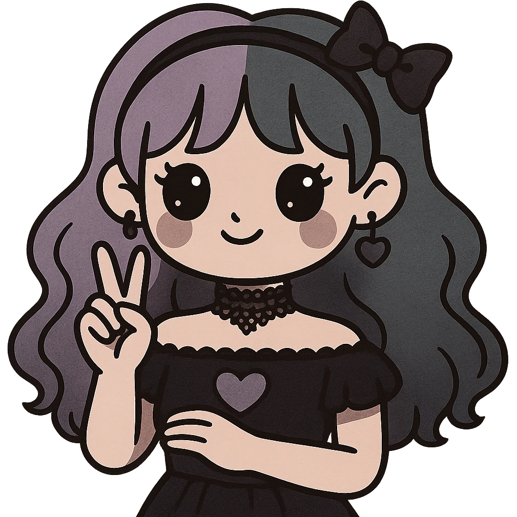 Edit the image of a gothic K-pop girl with pastel hair and a lace choker in a darker color palette. The style should be dreamy goth with a playful pose and kawaii accessories. Remove the background. The style should reflect pastel goth with gothic and kawaii elements. emoji