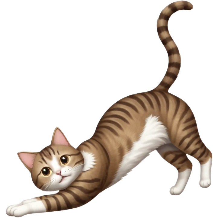 dark brown tabby and white cat with doing a big extremely long stretch reaching up into the air with arms and legs side by side together straight and overextended whilst lying on its side emoji