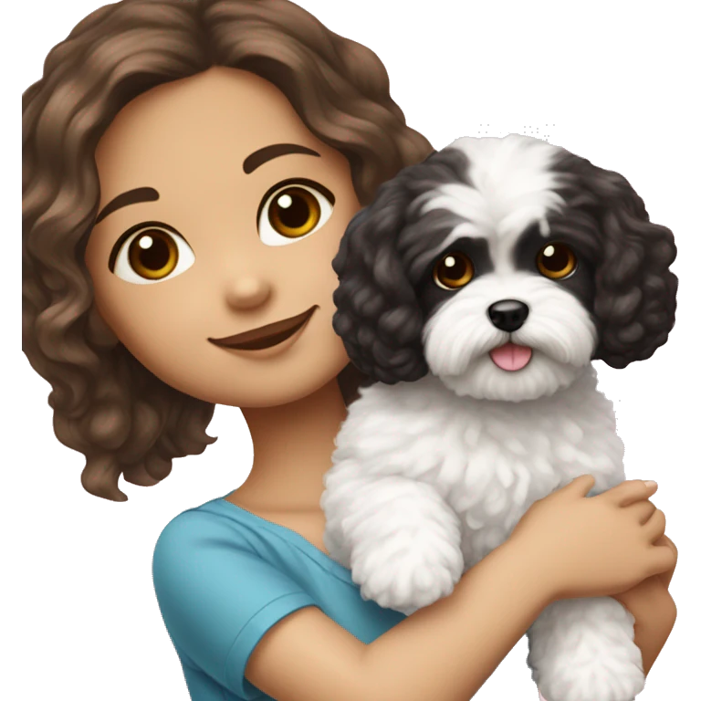 American girl with brown hair holding a black and white fluffy maltipoo dog ￼ emoji