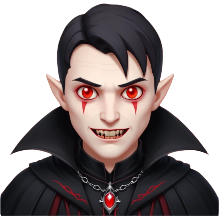 vampire village folk portrait, head and shoulders only, dark cloak collar, sharp fangs, red glowing eyes, gothic vibe, 3D cartoon, mobile game icon style, clean background, no text, no watermark

 emoji