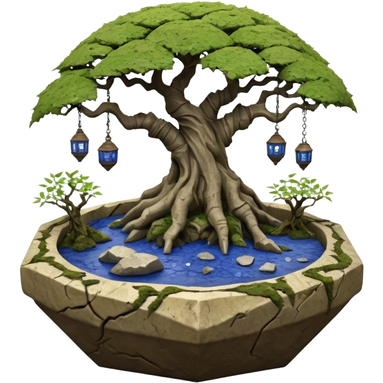 Alien spacecraft hanging-vines landscape mudman very old broken cracked intricate Stone Age rocky-crusted irregular dodecagon-shaped shallow dark moss rough bark blue willow flowered maple tree bonsai pot emoji