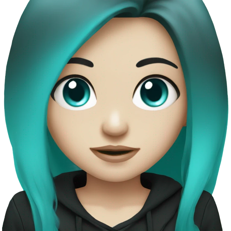 a white skinned cute girl with dark turquoise long hair, light turquoise eyes and black clothes emoji