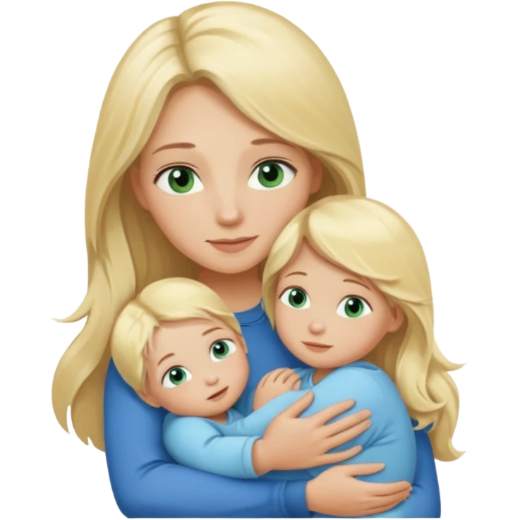 Mamá rubia pelo largo ojos marrones verdosos y bebé rubio de ojos azules abrazados  emoji