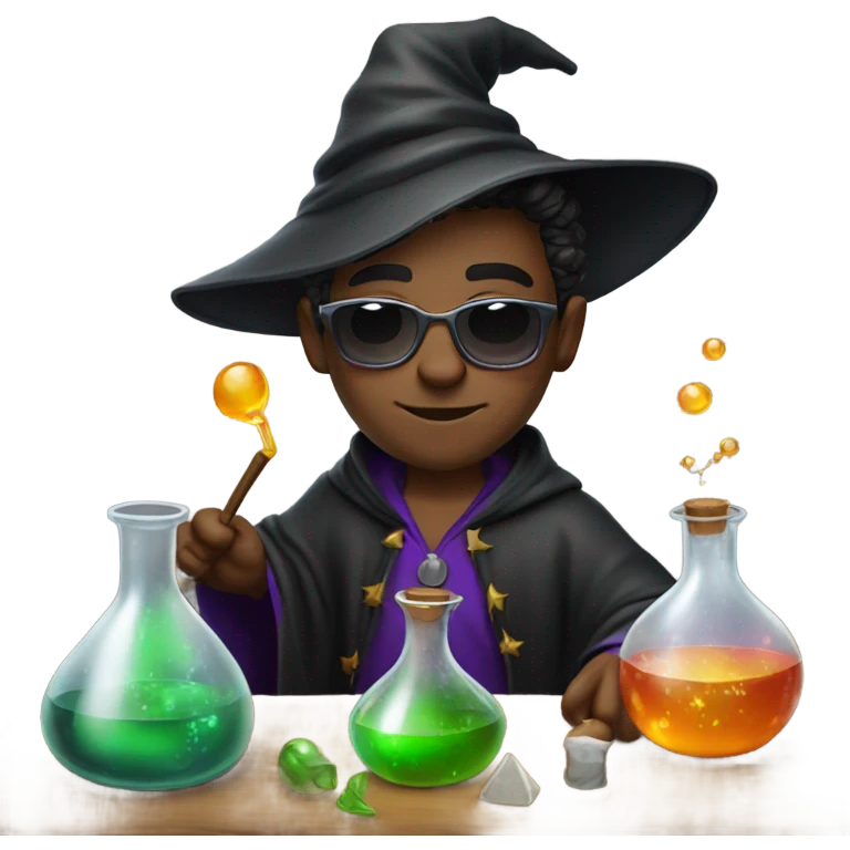 Young male wizard mixing potions and wearing sunglasses emoji