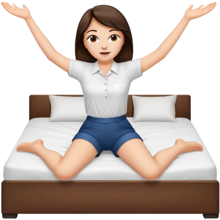 Brunette woman lying on bed with legs spread wide in the air emoji