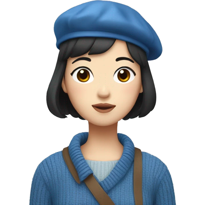 korean girl short black hair sharp jawline, wearing a blue sweater and beret emoji