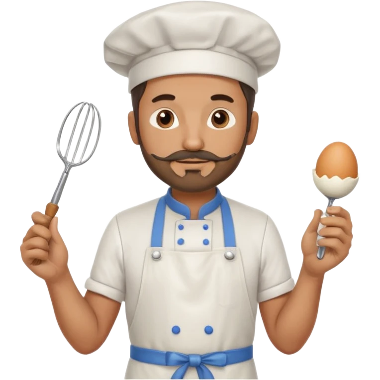 Middle aged male pastry chef - with a small beard, apron, white hat, and holding an egg beater in his hand emoji