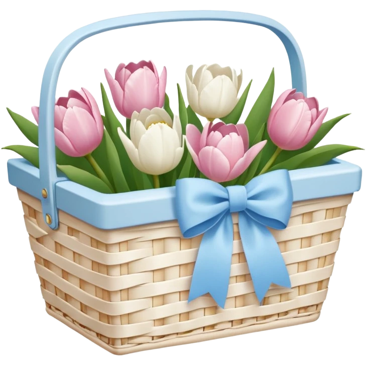 A white Picnic basket with pastel blue bow, white peonie, tulips emoji