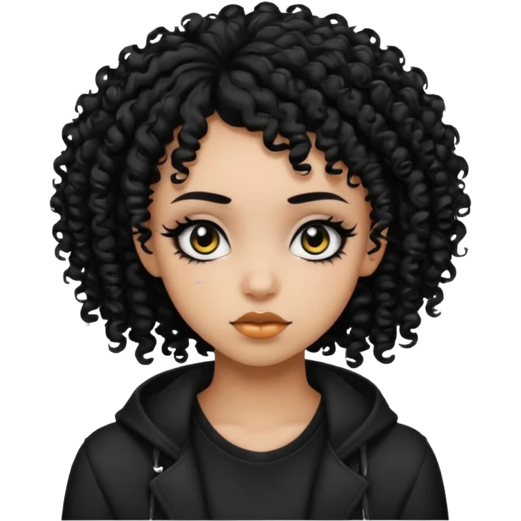 black emo girl with curly hairstyle, expressive face emoji