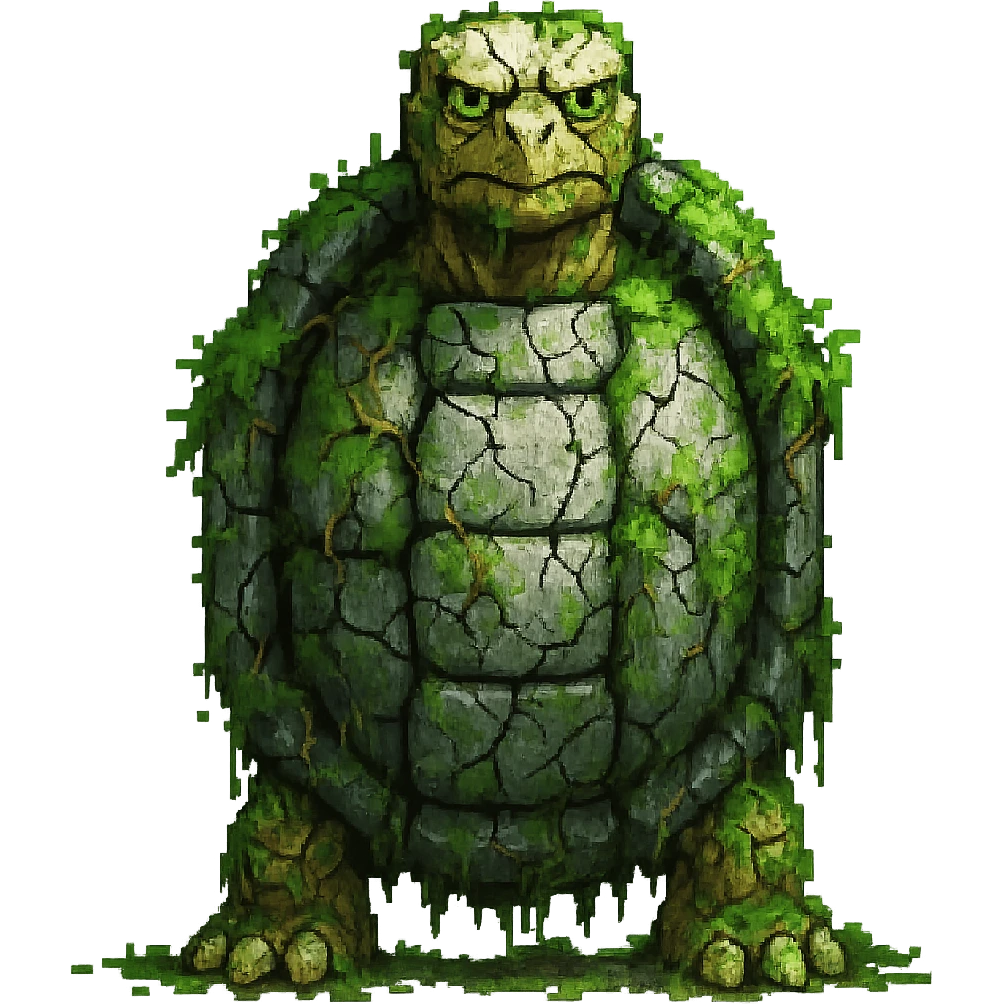 Add moss and cracks to the grumpy stone tortoise. Keep the background transparent. emoji