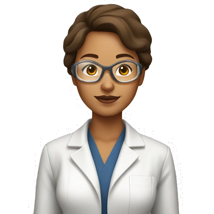 Pharmaceutical scientist woman with clear goggles, brown hair and eyes and tan skin no glasses emoji